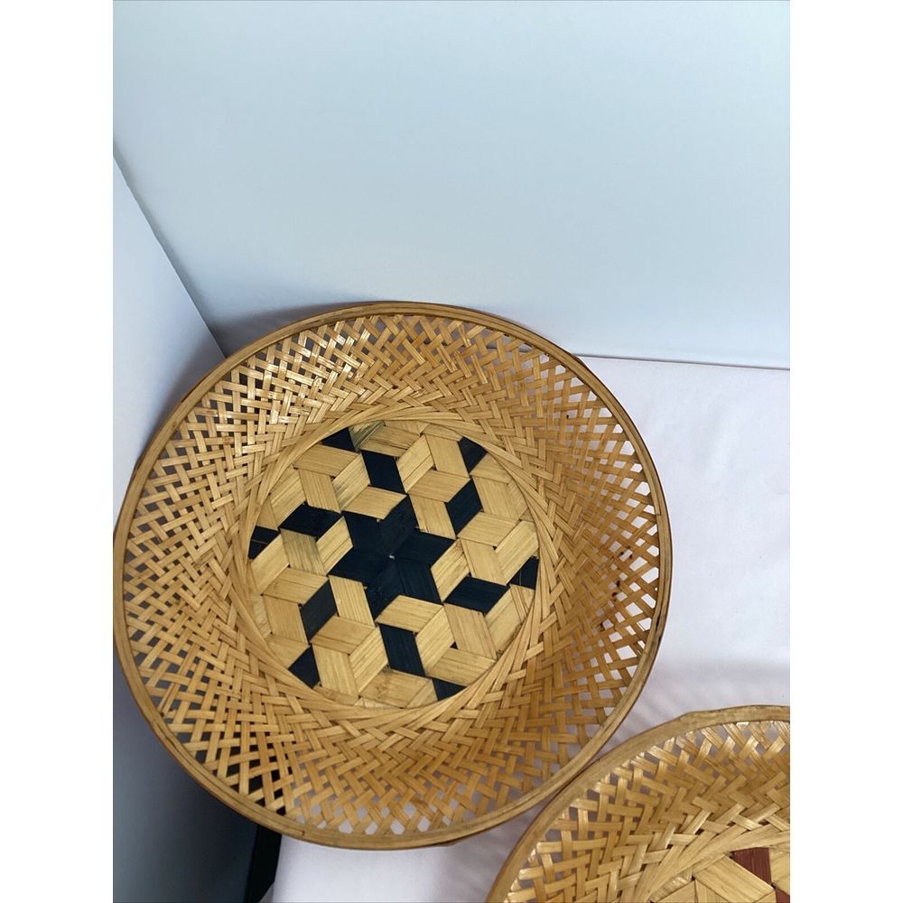 6 Vintage China Wicker Plate Holders With Colored 6 Point Star In The Middle